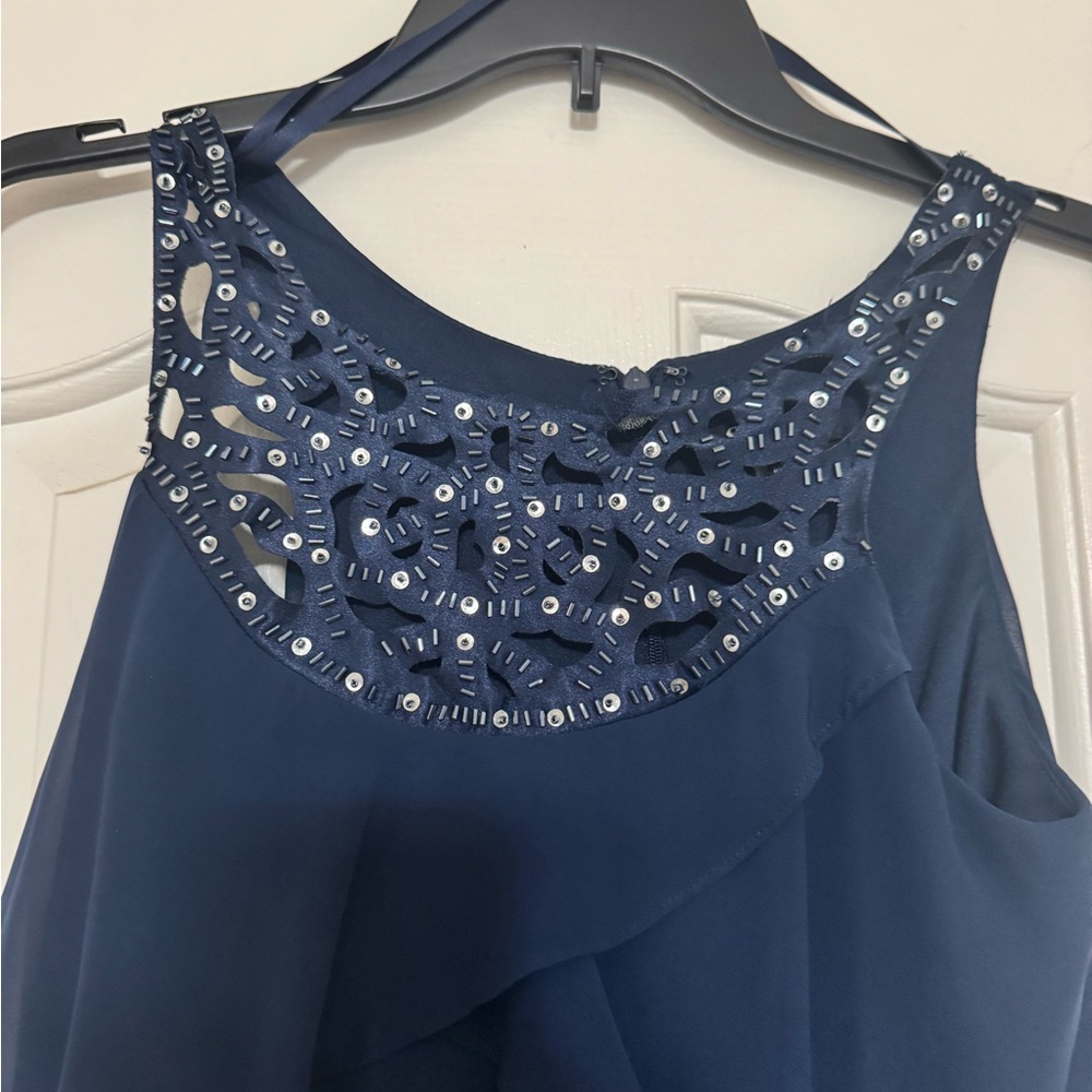 SLNY Navy Blue Chiffon Layered Beaded Sleeveless A-Line Dress Size 2 112803M